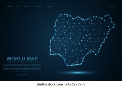 Nigeria Map - Weltkarte Maische Linie und Punkt-Skalen auf blauem Technologie-Hintergrund. Drahtrahmen 3D Mesh polygonale Netzwerklinie, Design Kugel, Punkt und Struktur - Vektor-Illustration eps 10