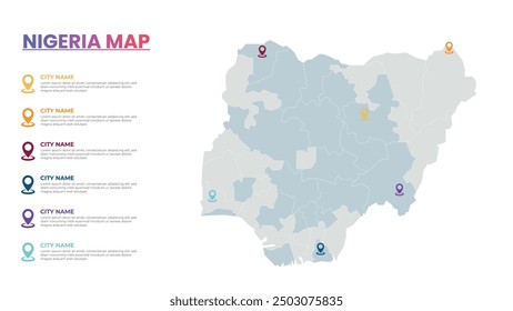 Plantilla de infografía de mapas modernos de Nigeria, mapa infográfico detallado de la ciudad Populares de Nigeria