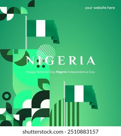 Banner do Dia Nacional da Nigéria em design geométrico. Fundo quadrado moderno com bandeira nacional nigeriana, perfeito para saudar cartões feriado nacional. 1º de outubro. Feliz Dia da Independência da Nigéria