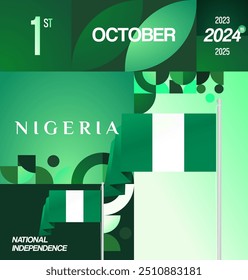 Nigeria National Day Banner in geometric design. Modern square background with Nigerian national flag, perfect for greeting cards national holiday. October 1st. Happy Nigeria Independence Day