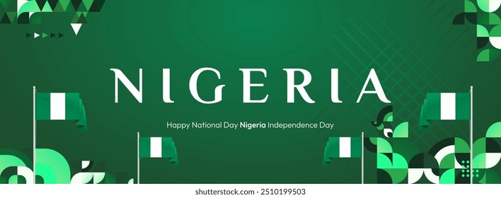 Nigeria National Day banner in modern geometric style. Elegant wide background with Nigeria national flag, great for greeting card celebrate holiday. 1st October. Happy Nigeria Independence Day.