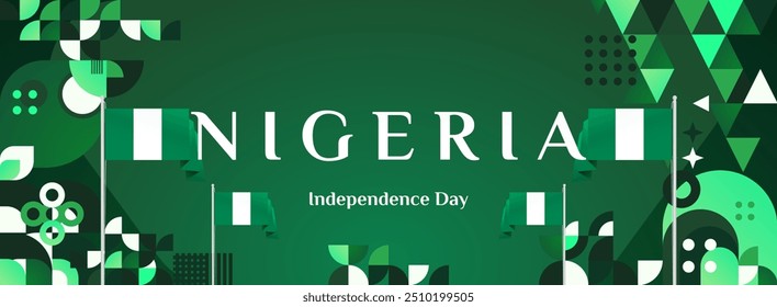 Nigeria National Day banner in modern geometric style. Elegant wide background with Nigeria national flag, great for greeting card celebrate holiday. 1st October. Happy Nigeria Independence Day.