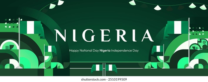 Nigeria National Day banner in modern geometric style. Elegant wide background with Nigeria national flag, great for greeting card celebrate holiday. 1st October. Happy Nigeria Independence Day.