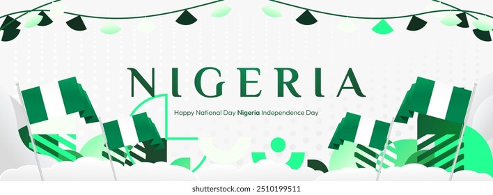 Banner do Dia Nacional da Nigéria em estilo geométrico moderno. Elegante fundo largo com bandeira nacional da Nigéria, ótimo para cartão de saudação comemorar feriado. 1º de outubro. Feliz Dia da Independência da Nigéria.