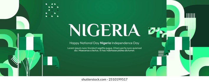 Nigeria National Day banner in modern geometric style. Elegant wide background with Nigeria national flag, great for greeting card celebrate holiday. 1st October. Happy Nigeria Independence Day.