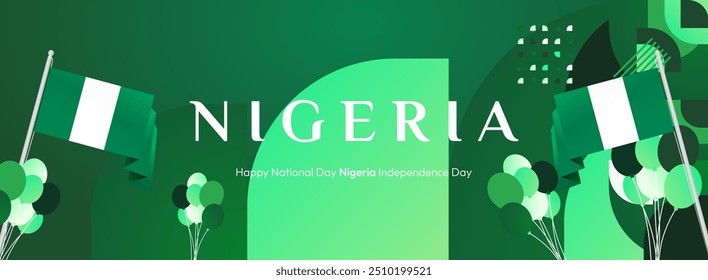 Nigeria National Day banner in modern geometric style. Elegant wide background with Nigeria national flag, great for greeting card celebrate holiday. 1st October. Happy Nigeria Independence Day.