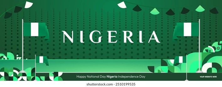 Nigeria National Day banner in modern geometric style. Elegant wide background with Nigeria national flag, great for greeting card celebrate holiday. 1st October. Happy Nigeria Independence Day.