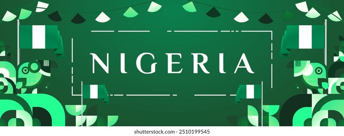 Nigeria National Day banner in modern geometric style. Elegant wide background with Nigeria national flag, great for greeting card celebrate holiday. 1st October. Happy Nigeria Independence Day.