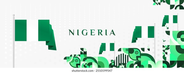 Nigeria National Day banner in modern geometric style. Elegant wide background with Nigeria national flag, great for greeting card celebrate holiday. 1st October. Happy Nigeria Independence Day.