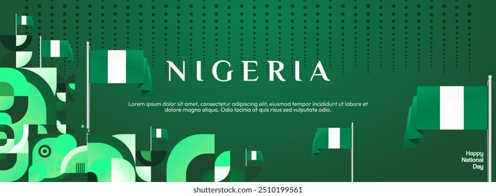 Nigeria National Day banner in modern geometric style. Elegant wide background with Nigeria national flag, great for greeting card celebrate holiday. 1st October. Happy Nigeria Independence Day.