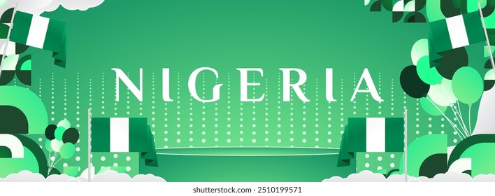 Nigeria National Day banner in modern geometric style. Elegant wide background with Nigeria national flag, great for greeting card celebrate holiday. 1st October. Happy Nigeria Independence Day.