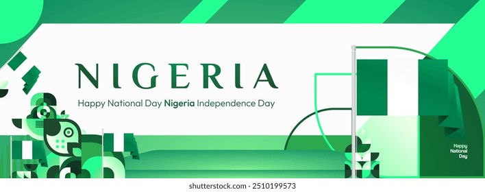 Nigeria National Day banner in modern geometric style. Elegant wide background with Nigeria national flag, great for greeting card celebrate holiday. 1st October. Happy Nigeria Independence Day.