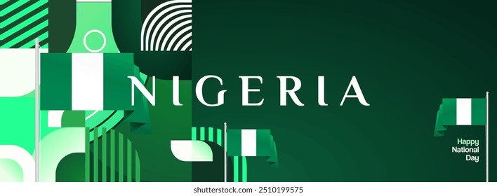 Nigeria National Day banner in modern geometric style. Elegant wide background with Nigeria national flag, great for greeting card celebrate holiday. 1st October. Happy Nigeria Independence Day.