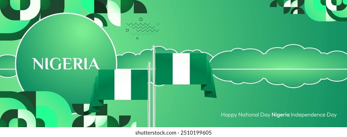 Anuncio del Día Nacional de Nigeria en estilo geométrico moderno. Elegante fondo ancho con bandera nacional de Nigeria, ideal para tarjeta de felicitación celebrar vacaciones. 1 de octubre. Feliz Día de la Independencia de Nigeria.