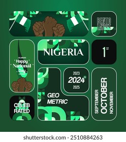 Anuncio del Día Nacional de Nigeria en estilo geométrico moderno. Elegante fondo cuadrado con bandera nacional de Nigeria, ideal para tarjetas de felicitación para celebrar vacaciones. 1 de octubre. Feliz Día de la Independencia de Nigeria