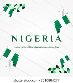 Nigeria National Day banner in modern geometric style. Elegant square background with Nigeria national flag, great for greeting card celebrate holiday. 1st October. Happy Nigeria Independence Day