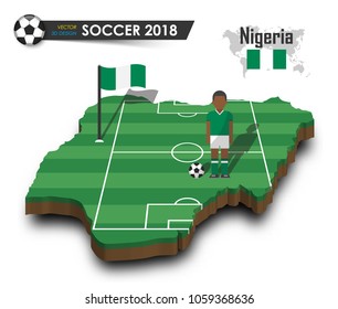 Nigeria national soccer team . Football player and flag on 3d design country map . isolated background . Vector for international world championship tournament 2018 concept .