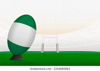 Nigeria national team rugby ball on rugby stadium and goal posts, preparing for a penalty or free kick. Vector illustration.