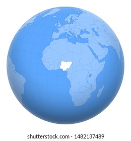 Nigeria on the globe. Earth centered at the location of the Federal Republic of Nigeria. Map of Nigeria. Includes layer with capital cities.