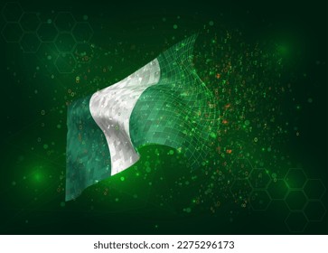 Nigeria, on vector 3d flag on green background with polygons and data numbers