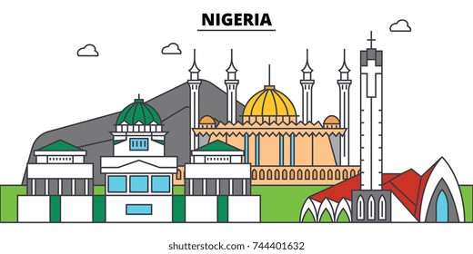 Nigeria outline city skyline, linear illustration, banner, travel landmark, buildings silhouette,vector