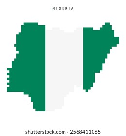 Nigeria pixel flag map icon. 8 bit pixel art Nigerian map covered with flag. Flat vector illustration isolated on white background.
