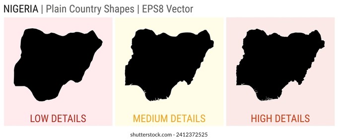 Nigeria - plain country shapes. Low, medium, and high detailed maps of Nigeria. EPS8 Vector illustration.