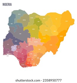 Nigeria political map of administrative divisions - states and federal capital territory. Colorful spectrum political map with labels and country name.