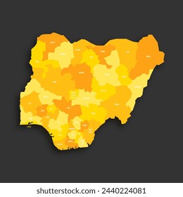 Nigeria political map of administrative divisions - states and federal capital territory. Yellow shade flat vector map with name labels and dropped shadow isolated on dark grey background.