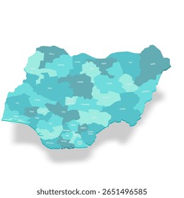 Mapa político da Nigéria de divisões administrativas - estados e território da capital federal. Mapa de vetor turquesa 3D com rótulos de nome.