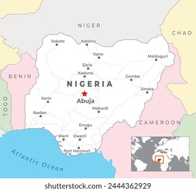 Nigeria Politische Karte mit Hauptstadt Abuja, die wichtigsten Städte mit nationalen Grenzen