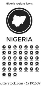 Nigeria regions icons. Black round logos with country regions maps and titles. Vector illustration.