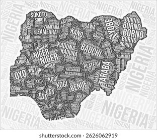 Nigeria regions map word cloud. Nigeria region names. Black and white map design. Vibrant vector illustration.