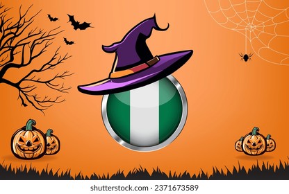 nigeria round flag with Happy Halloween banner or party invitation background. bats, spiders and pumpkins, orange background