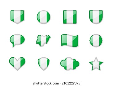 Nigeria - set of shiny flags of different shapes. Vector illustration