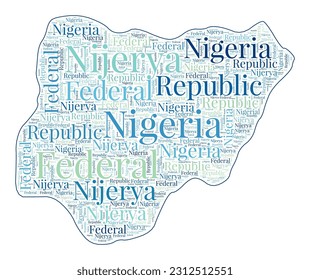 Nigeria shape filled with country name in many languages. Nigeria map in word cloud style. Radiant vector illustration.