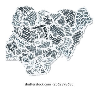 Nigeria shape text cloud. Country border with shadow on white background. Nigeria with regions division in vintage gazette style. Modern vector illustration.