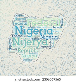 Nigeria shape whith country names word cloud in multiple languages. Nigeria border map on radiant triangles scattered around. Trendy vector illustration.