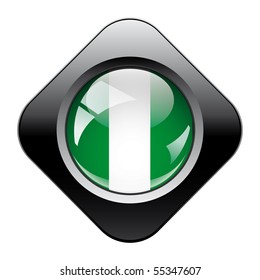 Nigeria shiny button flag with black frame -  vector illustration. Isolated abstract object against white background.
