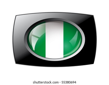 Nigeria shiny button flag with black frame -  vector illustration. Isolated abstract object against white background.