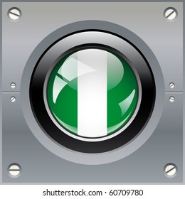 Nigeria shiny button flag vector illustration. Isolated abstract object on metal background.
