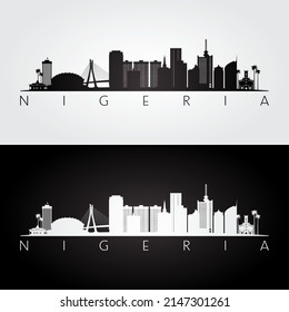 Nigeria skyline and landmarks silhouette, black and white design, vector illustration.