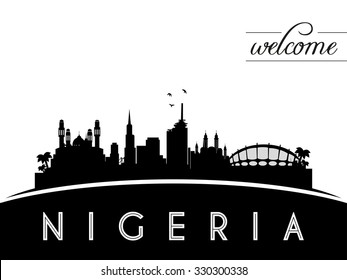 Nigeria skyline silhouette, black and white design, vector illustration