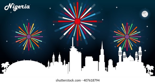 Nigeria skyline silhouette, dark night sky with fireworks vector design
