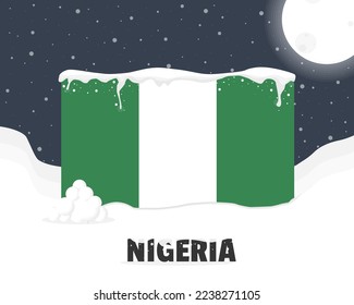 Nigeria snowy weather concept, cold weather and snowfall, Nigeria weather forecast winter banner idea, snow cap on flag with snowballs and moon, blizzard and adverse weather conditions