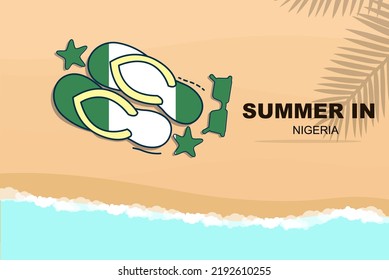 Nigeria summer holiday vector banner, beach vacation concept, flip flops sunglasses starfish on sand, copy space area, Nigeria summer travel and tourism idea with flag