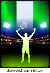 Nigeria Tennis Player on Stadium Background with Flag Original Illustration
