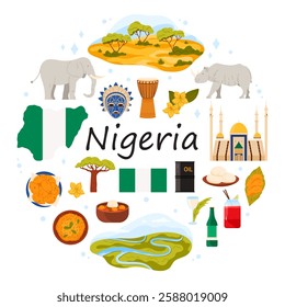 Nigeria travel elements and culture symbols in round infographic banner with title. Traditional food and tropical cocktail, nature, flag and map of country in circle cartoon vector illustration