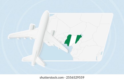 Nigeria Travel Illustration with Plane and National Flag. Ideal for travel agencies, promotional materials, or geographic content related to Nigeria.