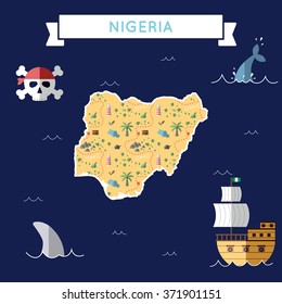 Nigeria treasure map in flat design. Colorful cartoon treasure map of Nigeria with flat design icons of pirate ship and jolly roger. Nigeria flat design vector illustration.